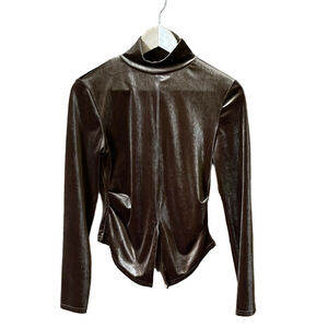 Chocolate Brown Velvet Mock Neck Long Sleeve Top - Small